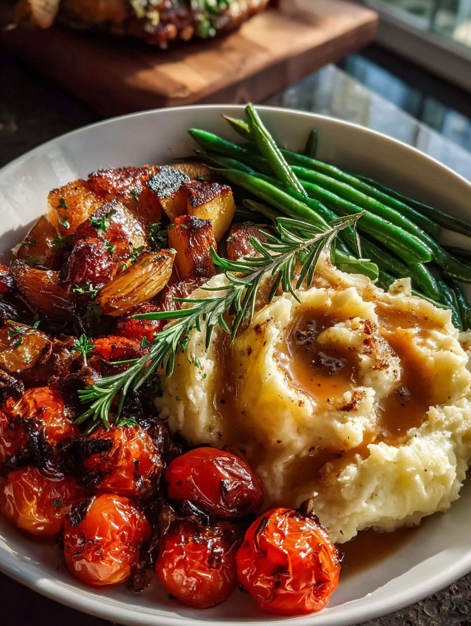 A plate of food with roasted green beans and tomatoes.