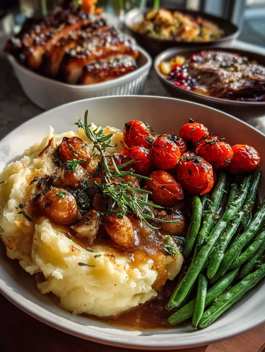 A plate of food with mashed potatoes, green beans, and tomatoes.
