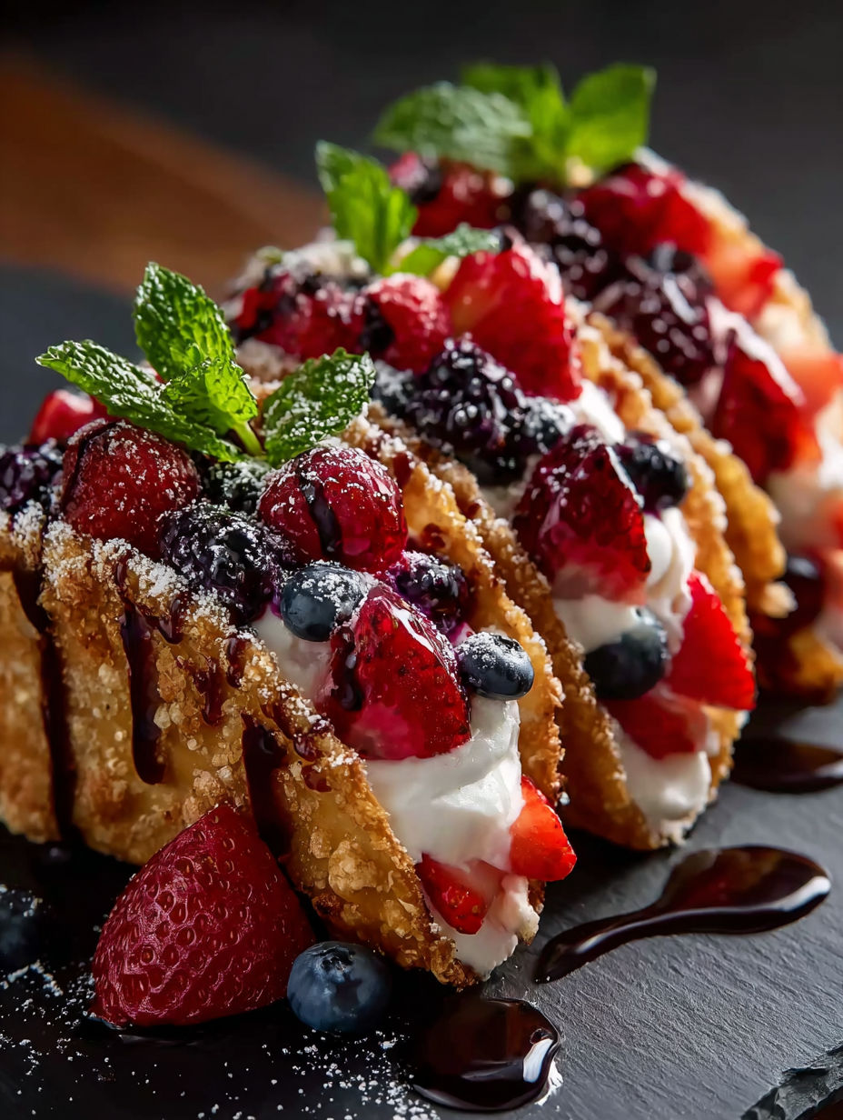 A dessert with berries and whipped cream.