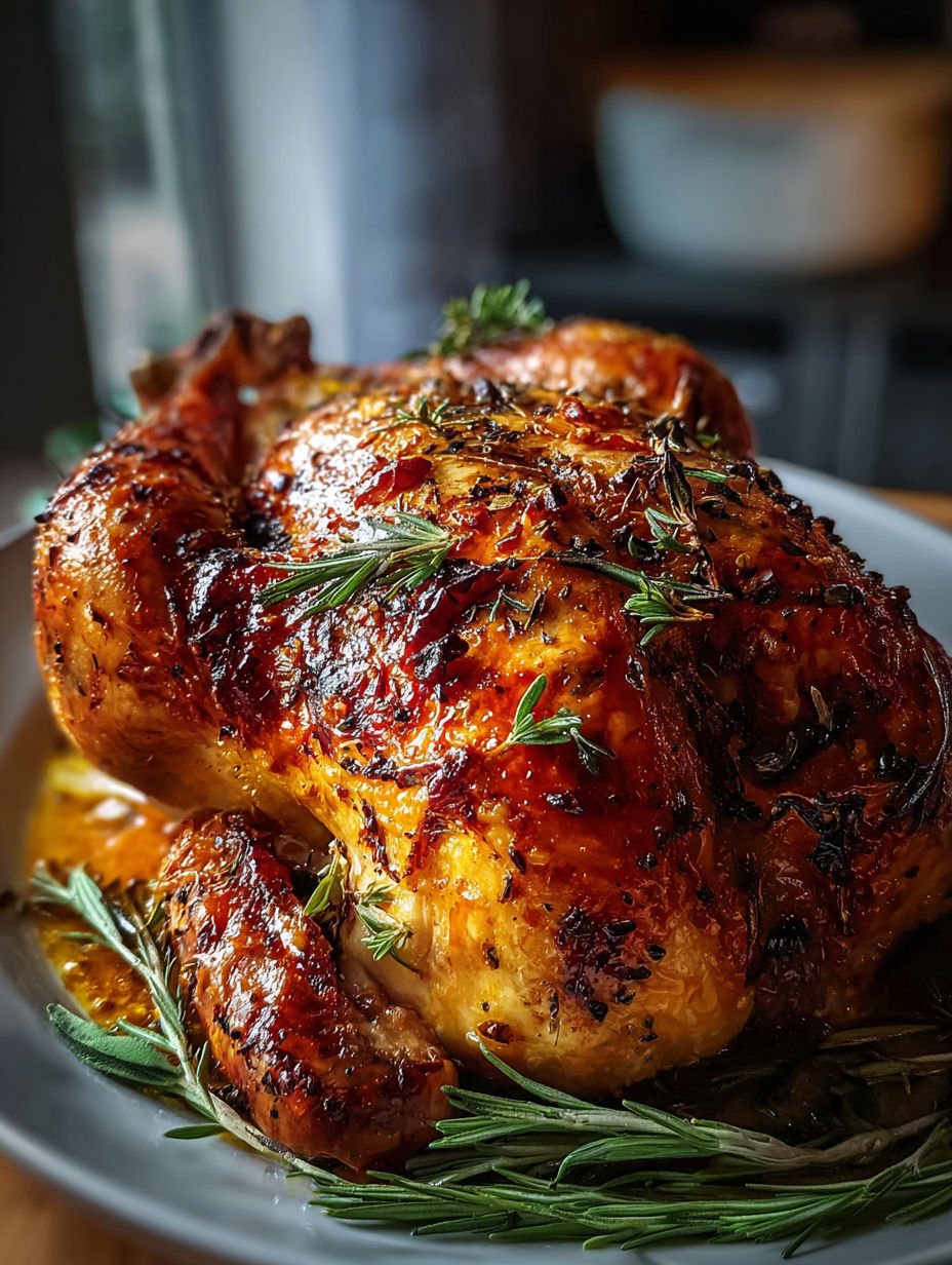 A roasted chicken with herbs and citrus.