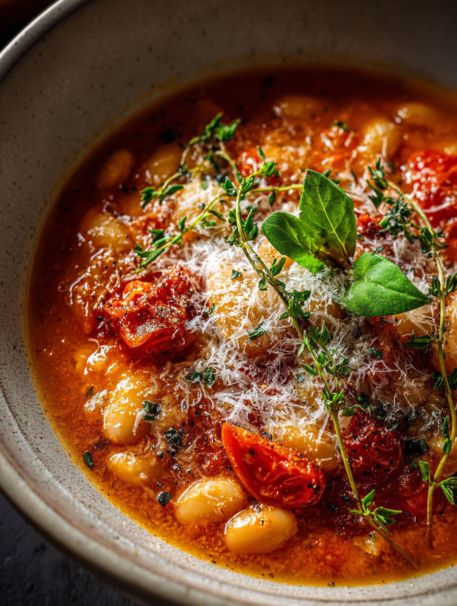 A bowl of soup with tomatoes, beans, and Parmesan cheese.