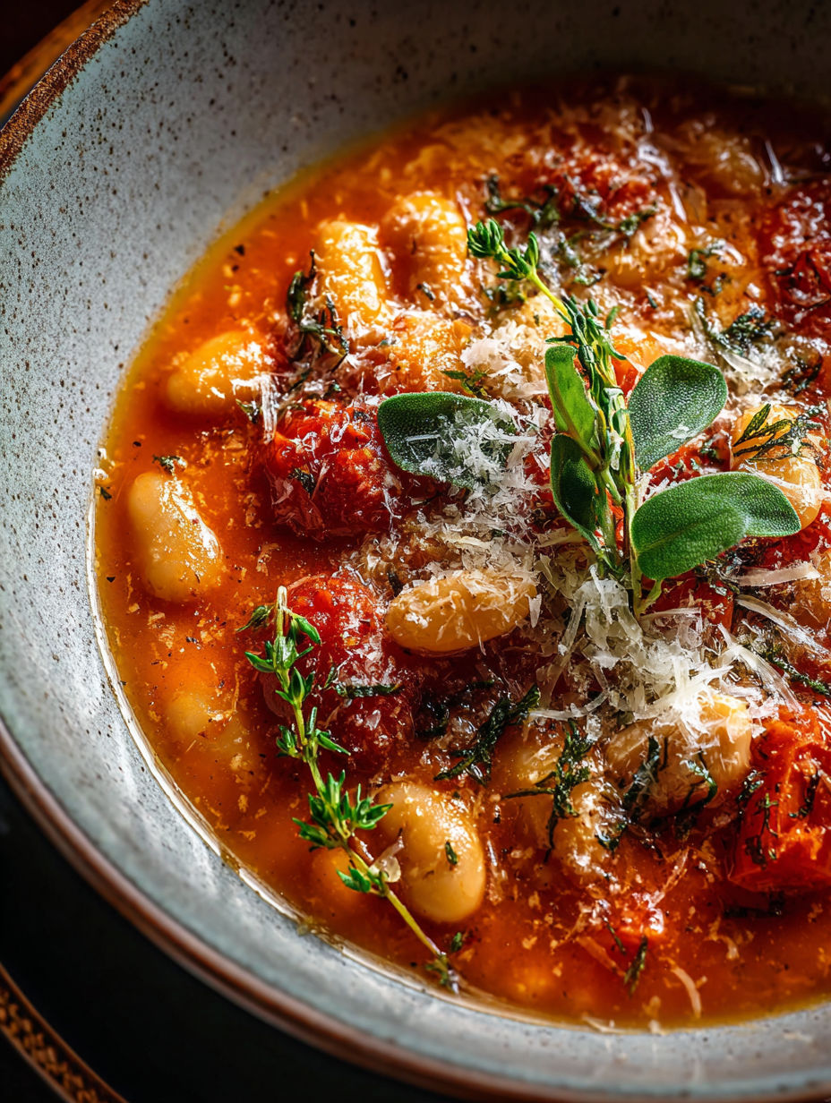 A bowl of soup with Parmesan cheese, tomatoes, beans and herbs.