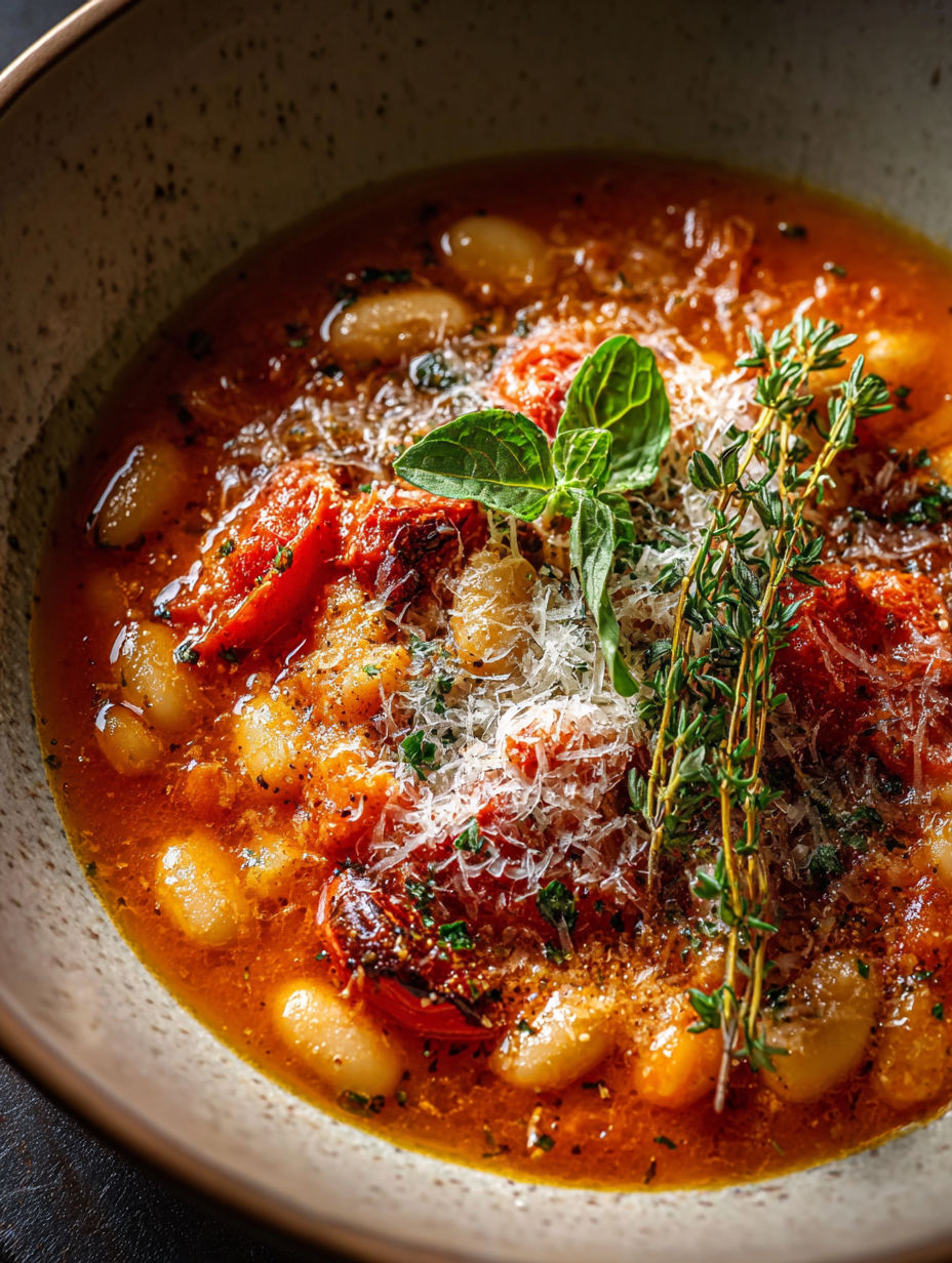 A bowl of soup with tomatoes, beans, and Parmesan cheese.
