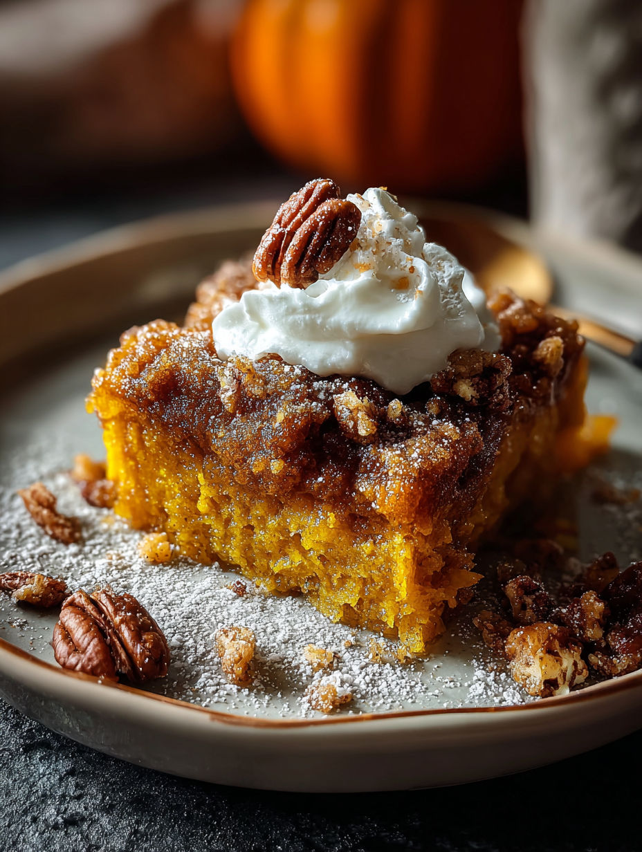 A slice of pumpkin cake with whipped cream on top.