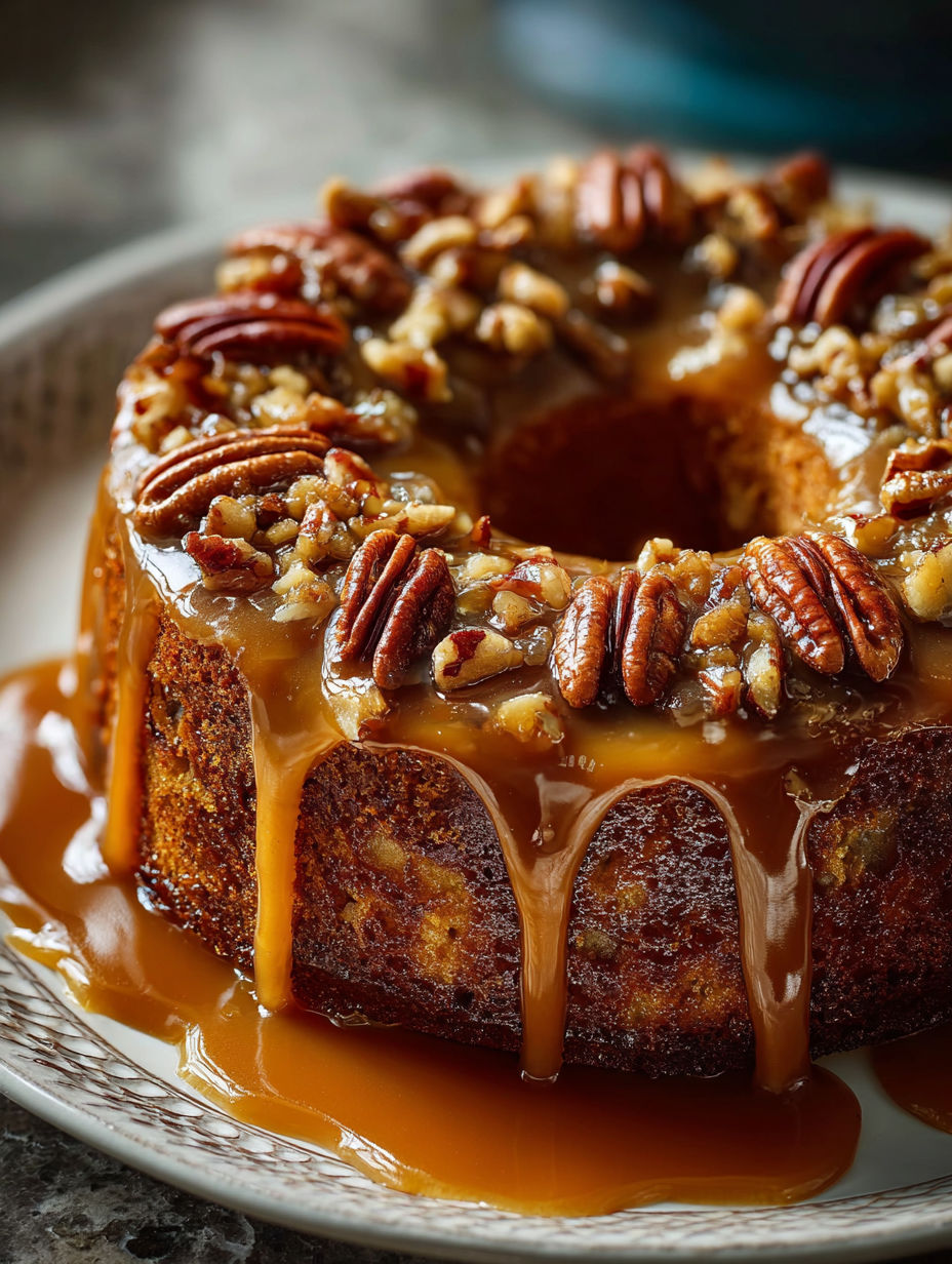 A slice of pecan cake with caramel glaze.