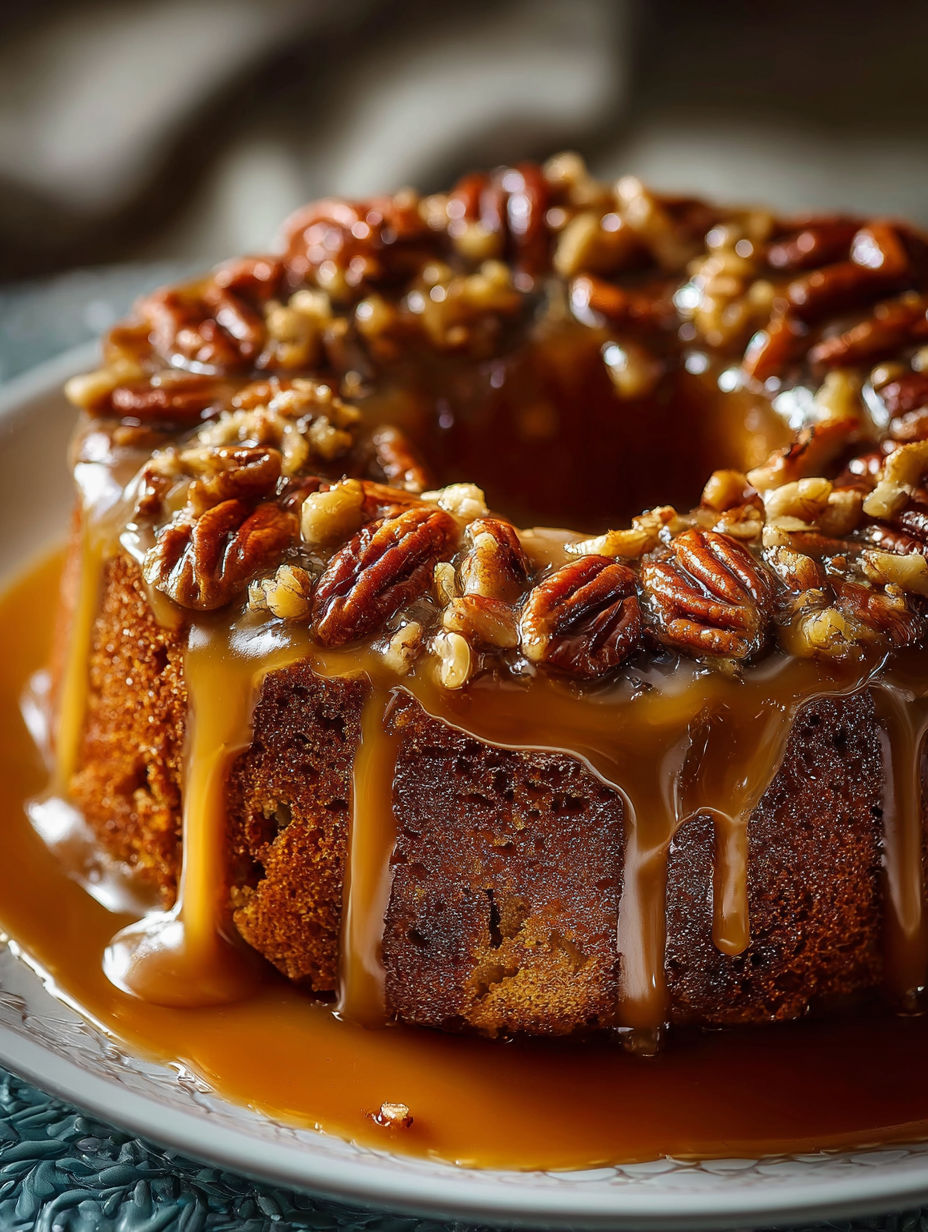 A slice of apple pecan cake with caramel glaze.