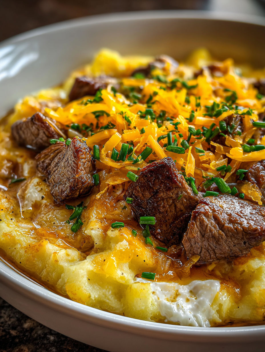 A close up of a delicious slow cooker steak and cheddar potato casserole.