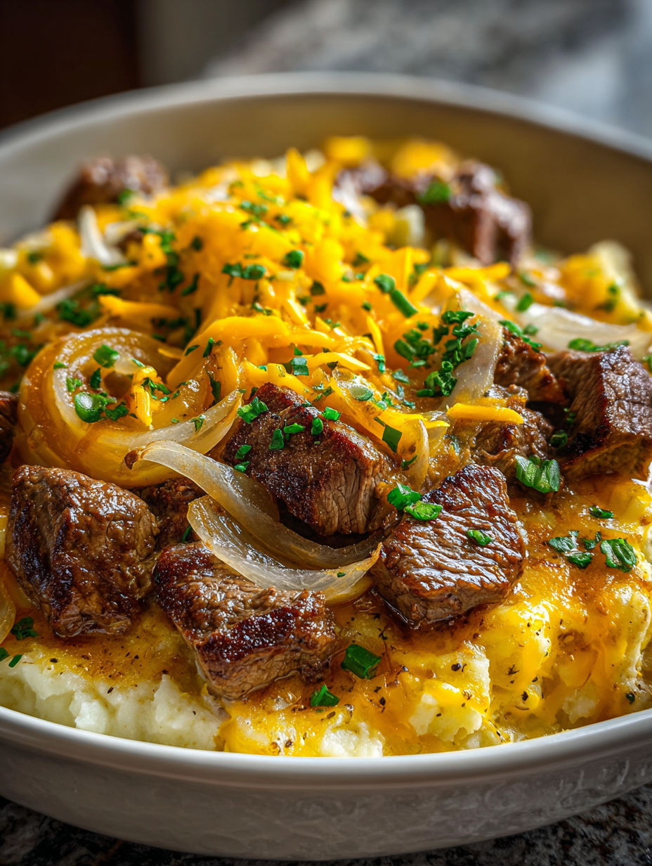 A close up of a delicious slow cooker steak and cheddar potato casserole.