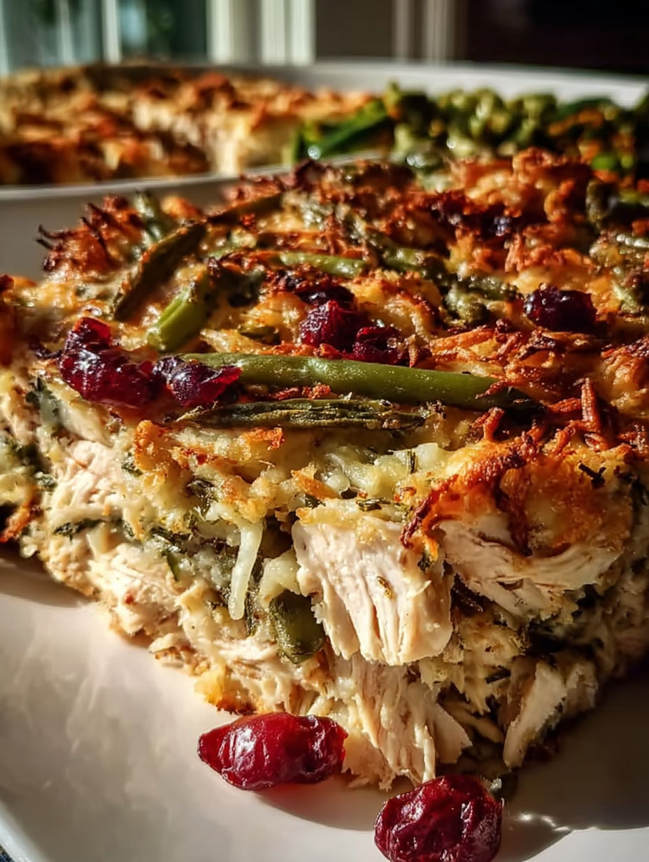 A casserole with green beans, peppers, and chicken.