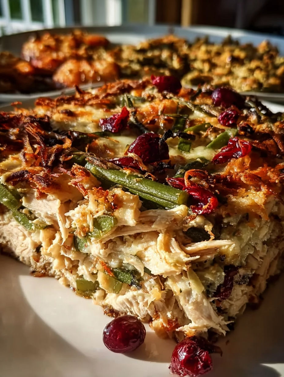 A casserole with green beans and red peppers.