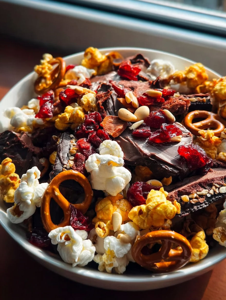 A bowl of popcorn, nuts, and candy.
