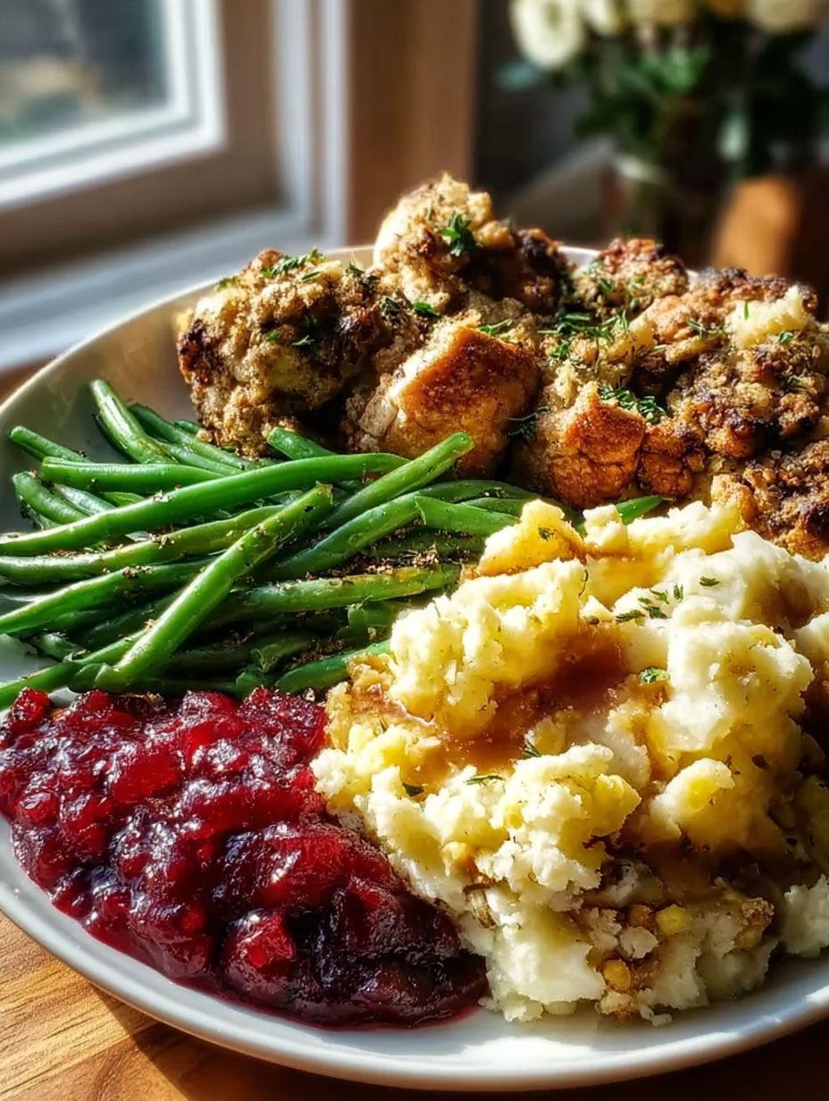 A plate of food with green beans, mashed potatoes, and stuffing.