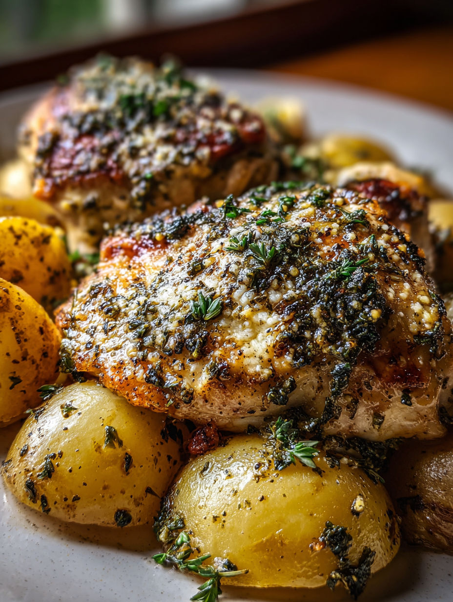 A plate of chicken and potatoes with a garlic and Parmesan seasoning.