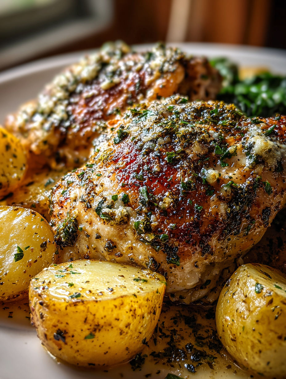 A plate of chicken and potatoes with garlic and Parmesan cheese.