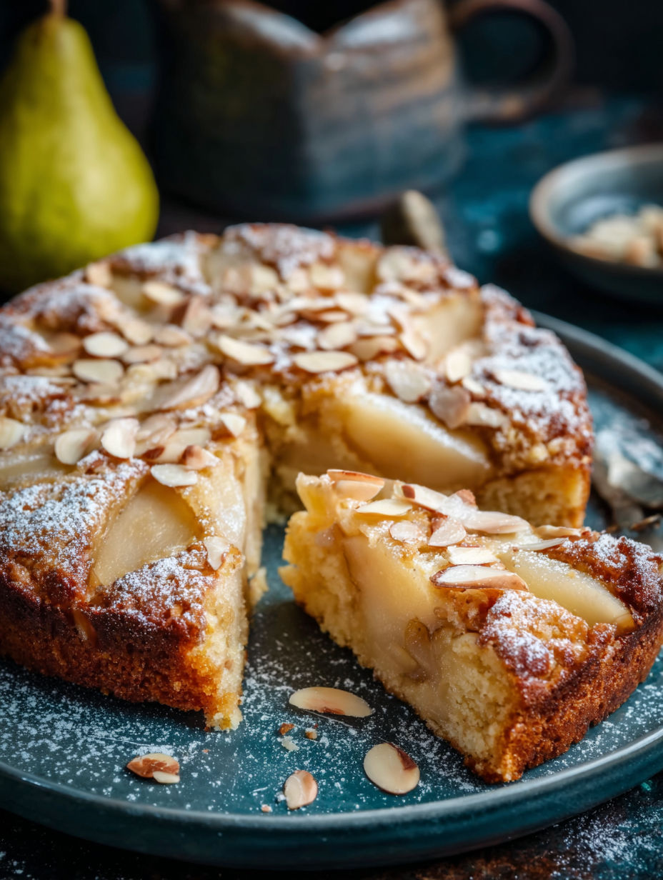 A slice of pear and almond breakfast cake.