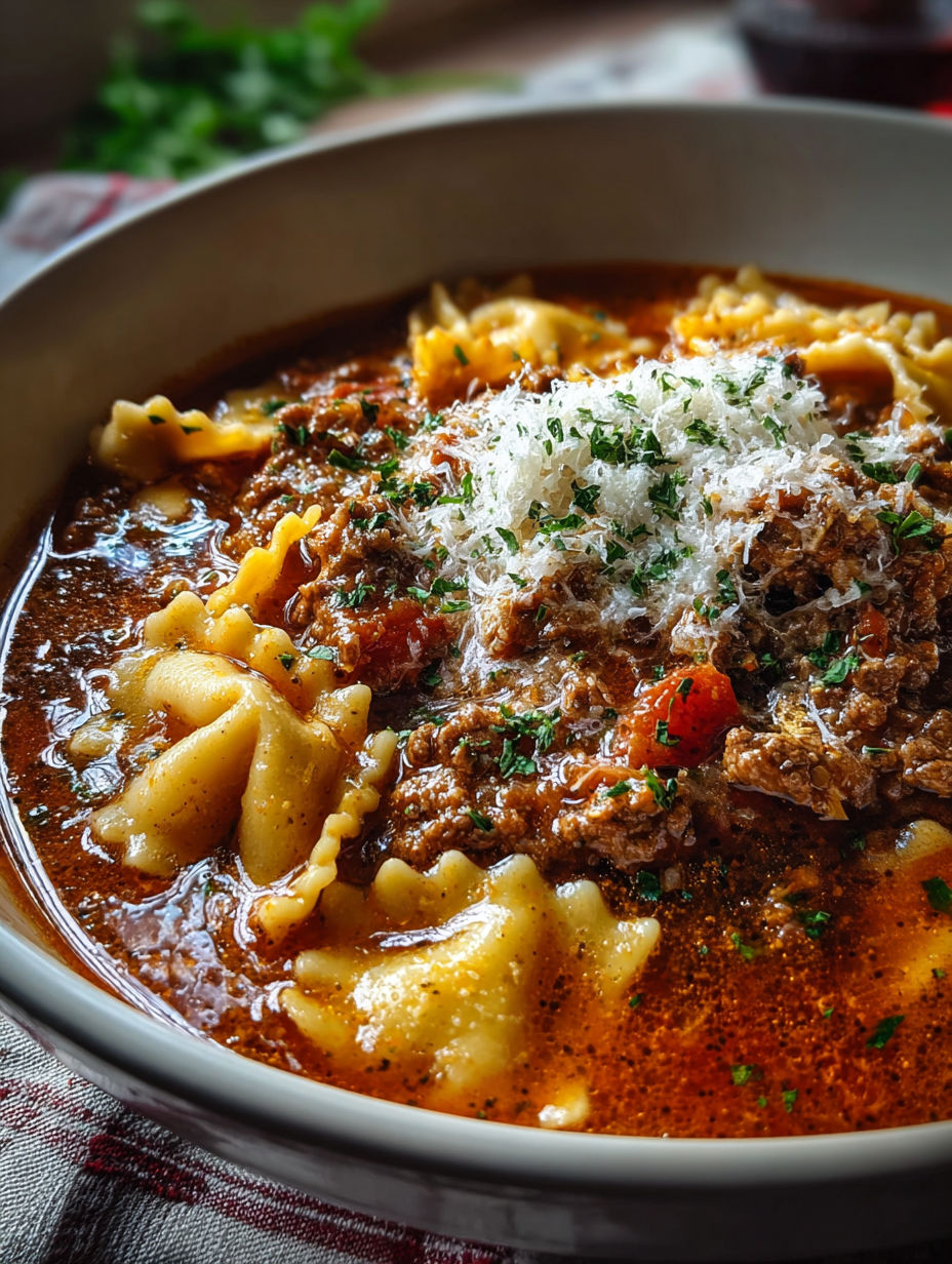 A bowl of crock pot lasagna soup.