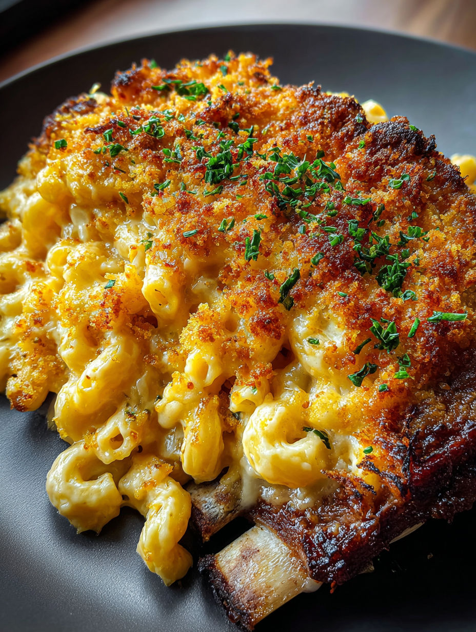 A rib cage with mac and cheese on it.
