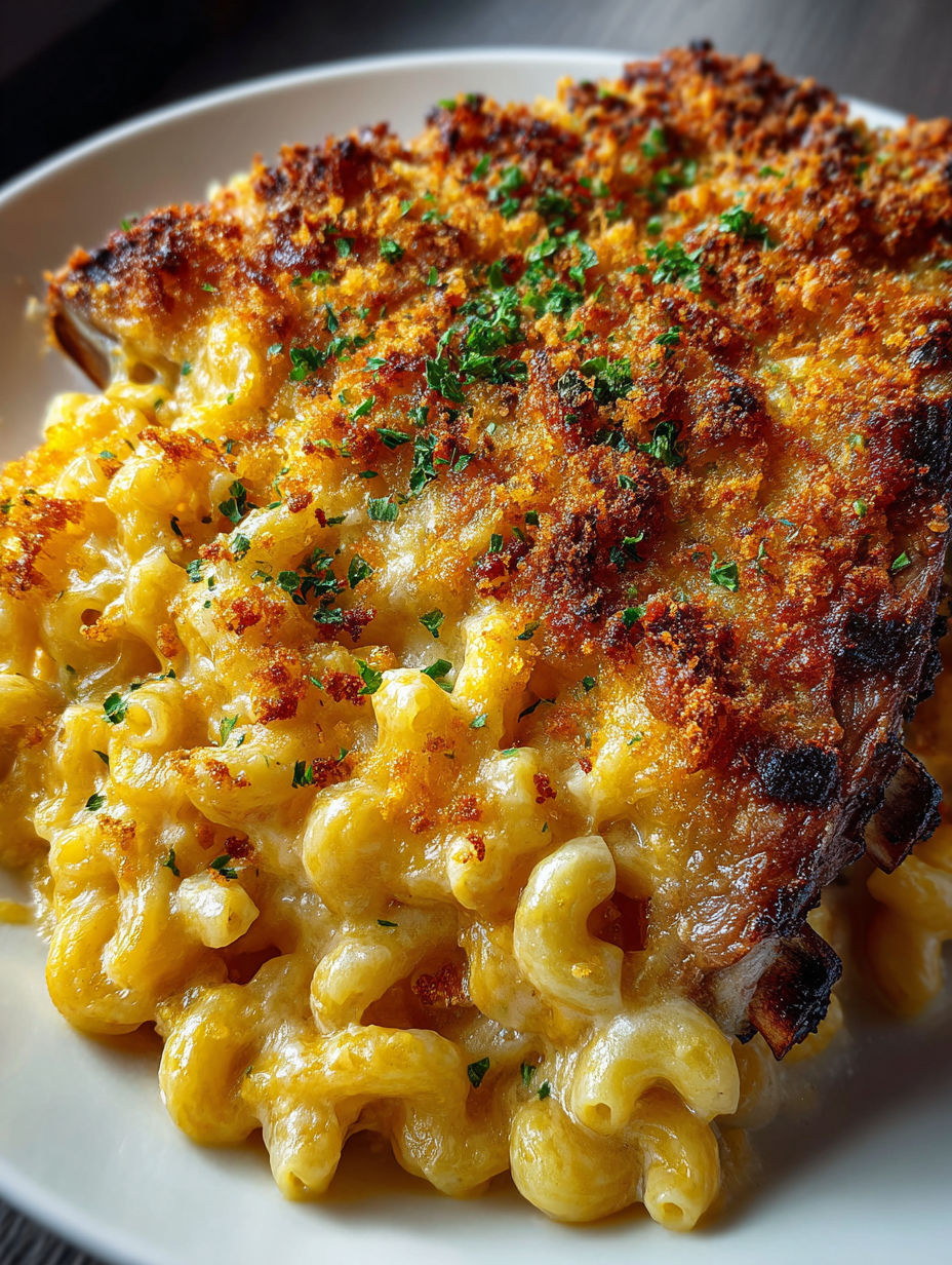 A close up of a piece of rib cage mac and cheese.