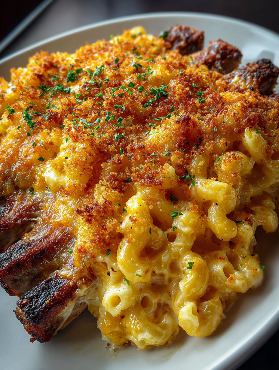 A plate of mac and cheese with a rib cage.