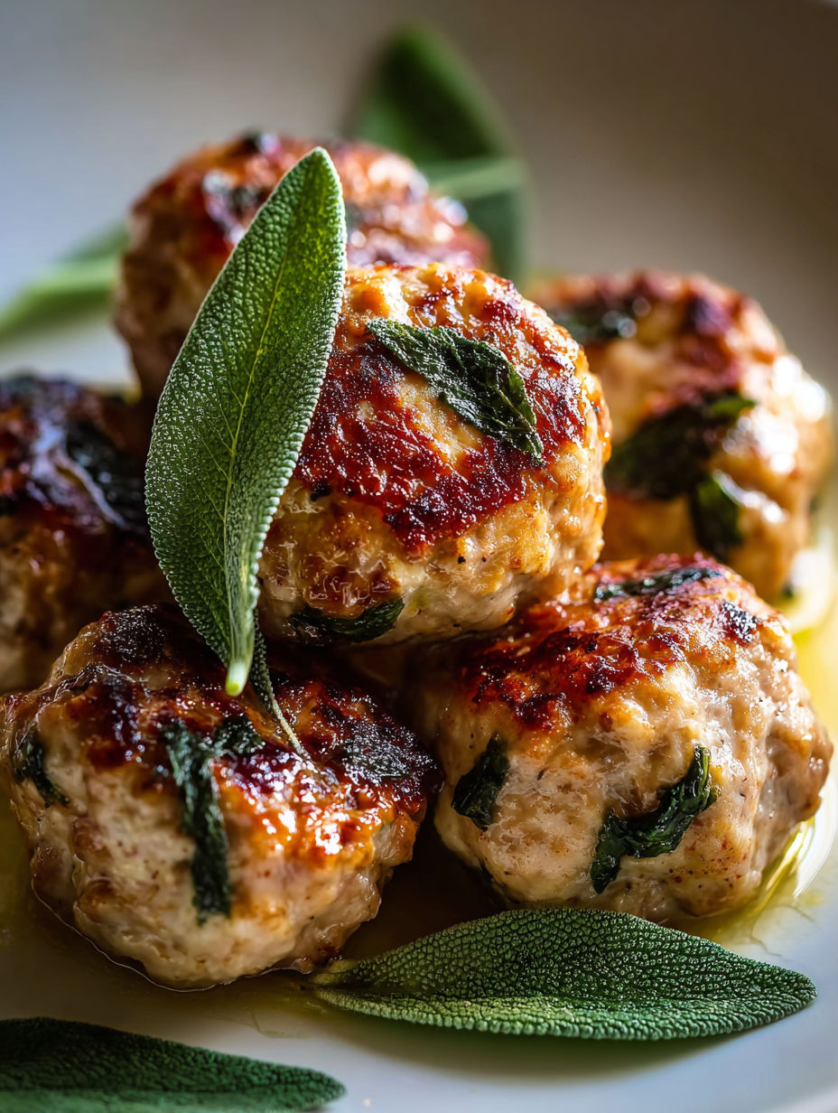 A plate of meatballs with sage leaves on top.