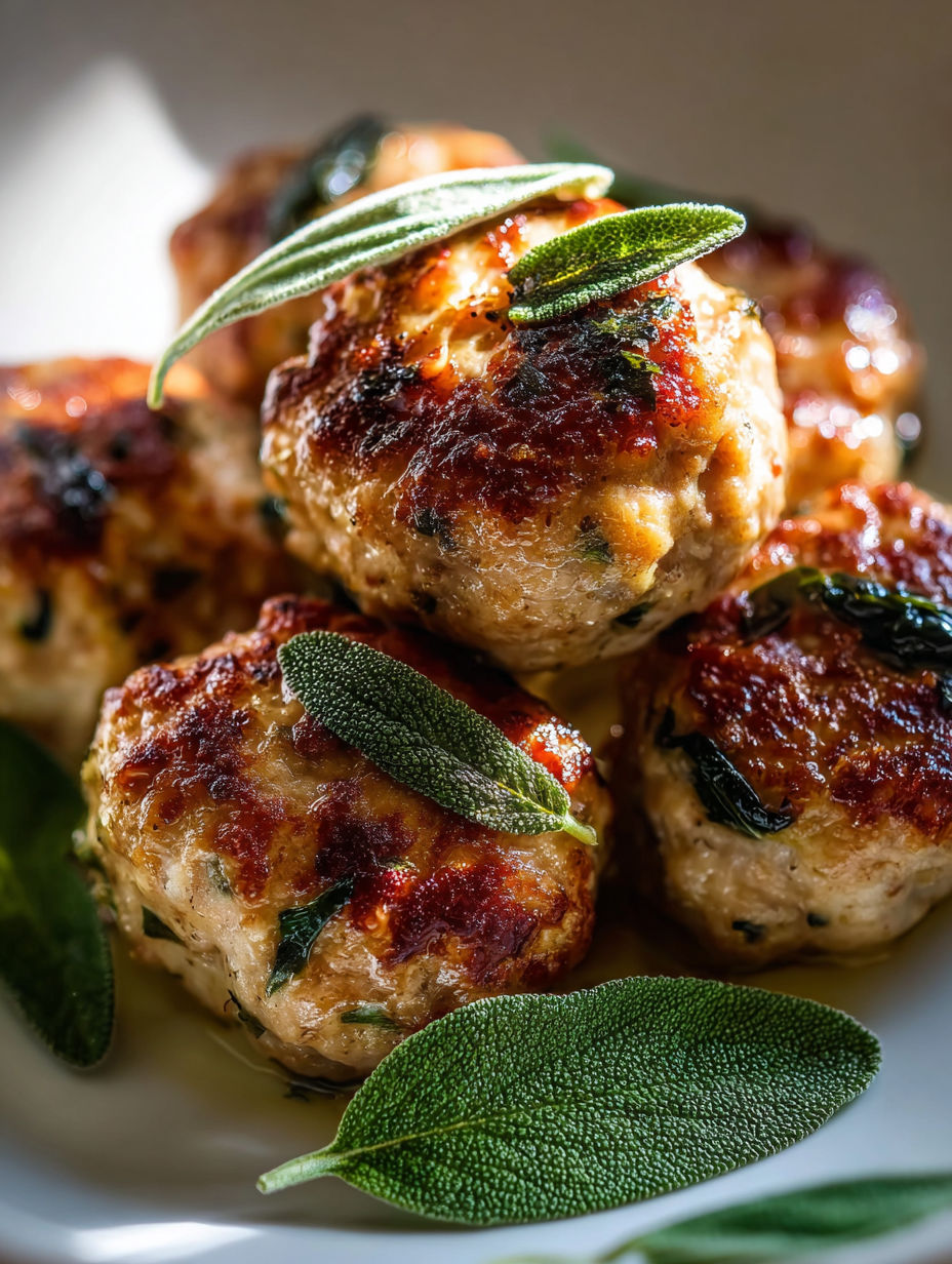 A plate of meatballs with sage and apple toppings.