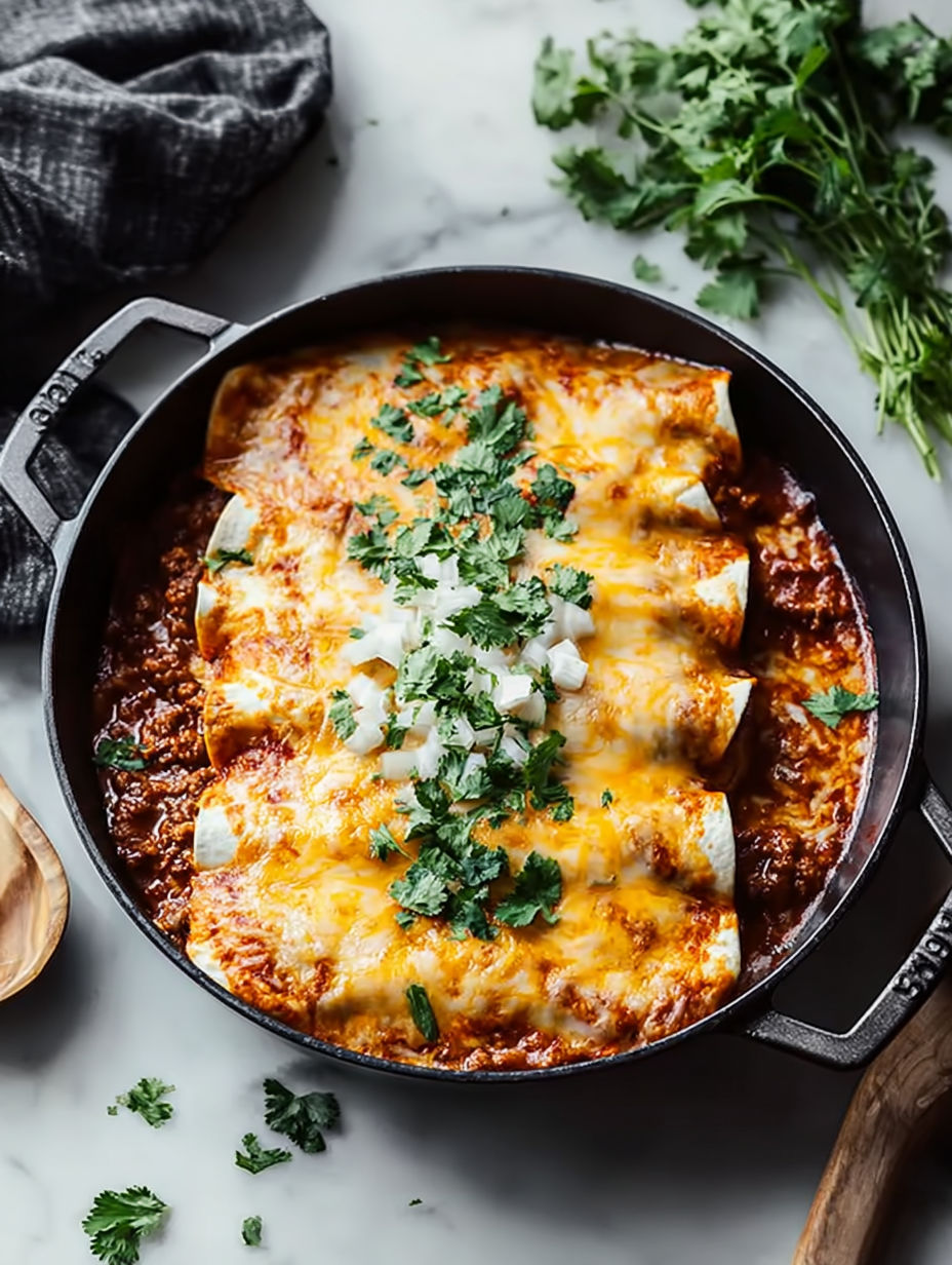 A pan of ground beef enchiladas.