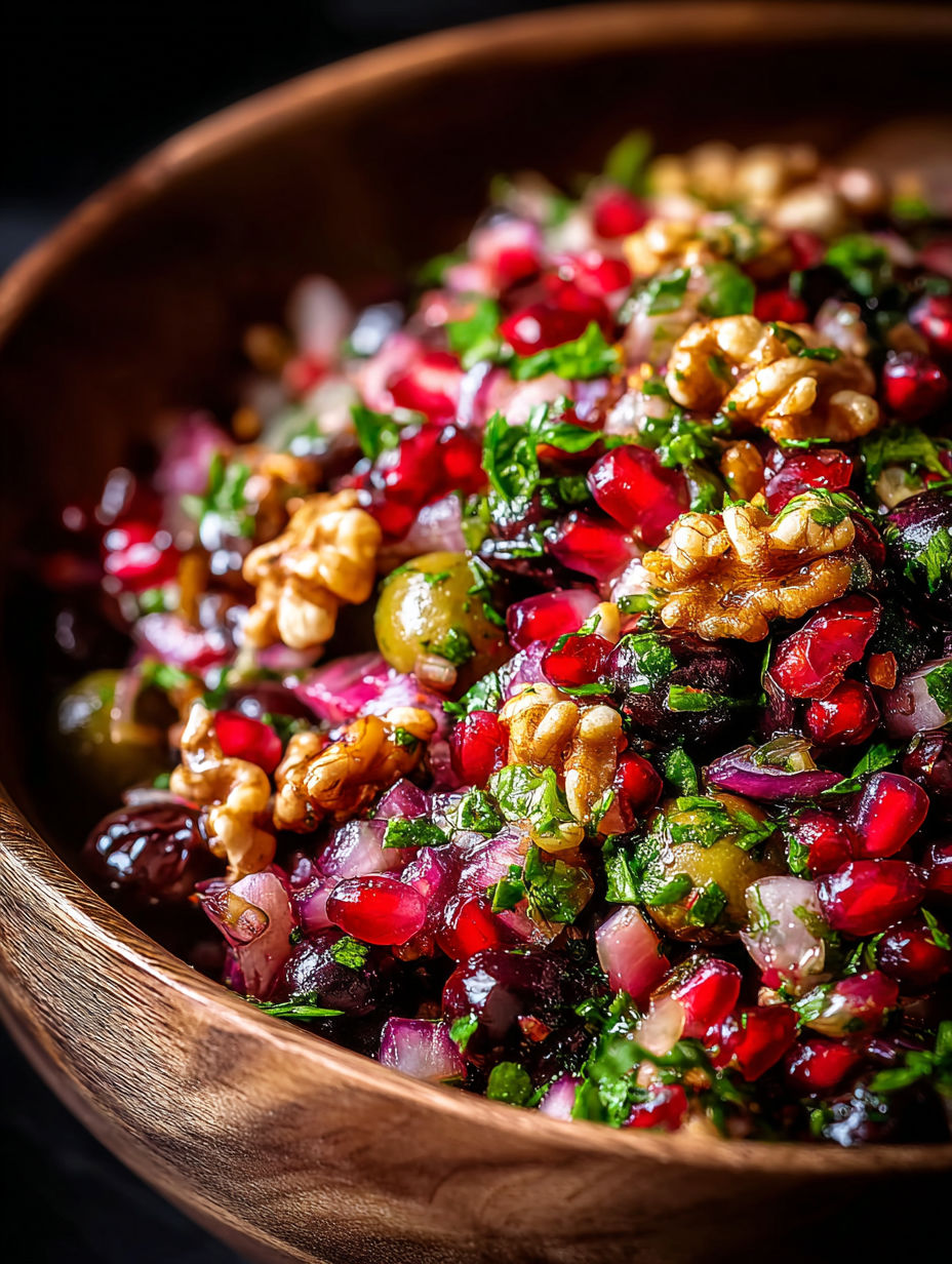 A bowl of food with a nut on top.