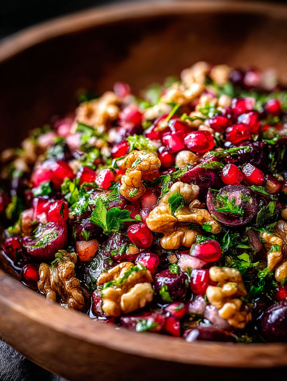 A close up of a bowl of food with a nut on top.