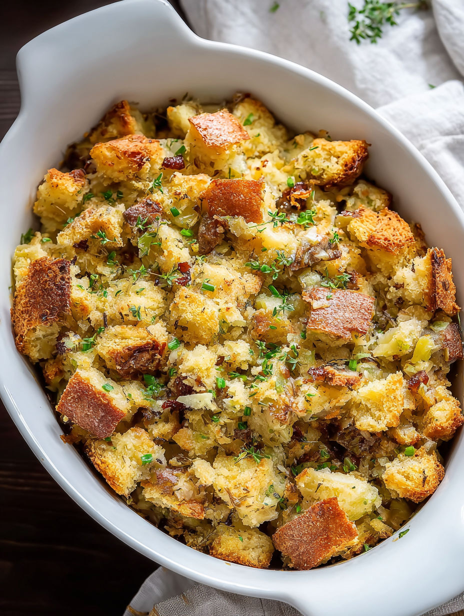 A white bowl filled with Amish potato stuffing.