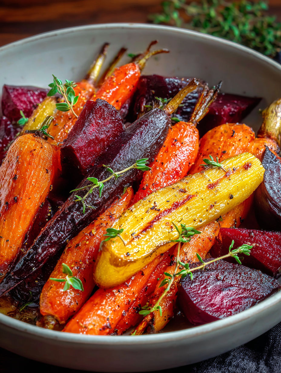 A bowl of honey roasted carrots and beets.