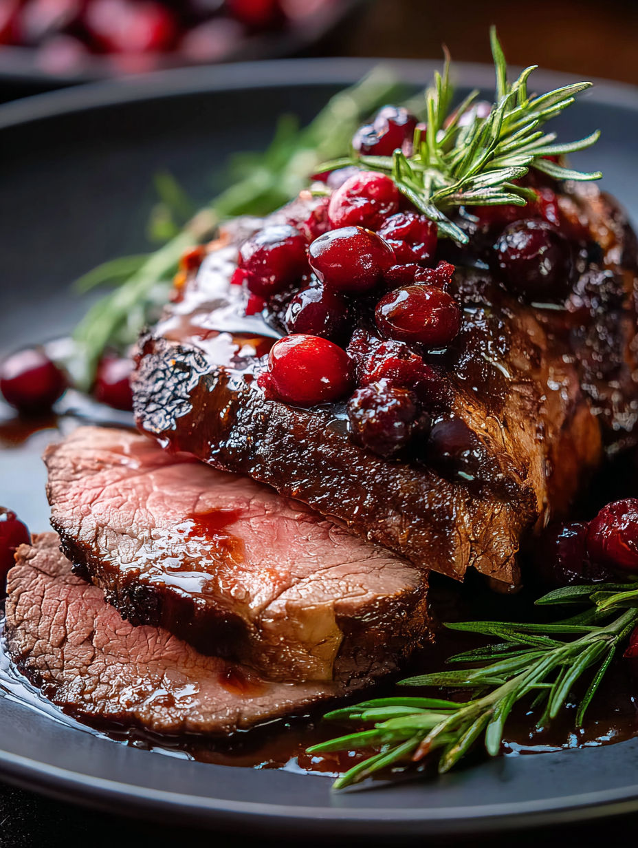 A roast beef dish with cranberries and balsamic glaze.