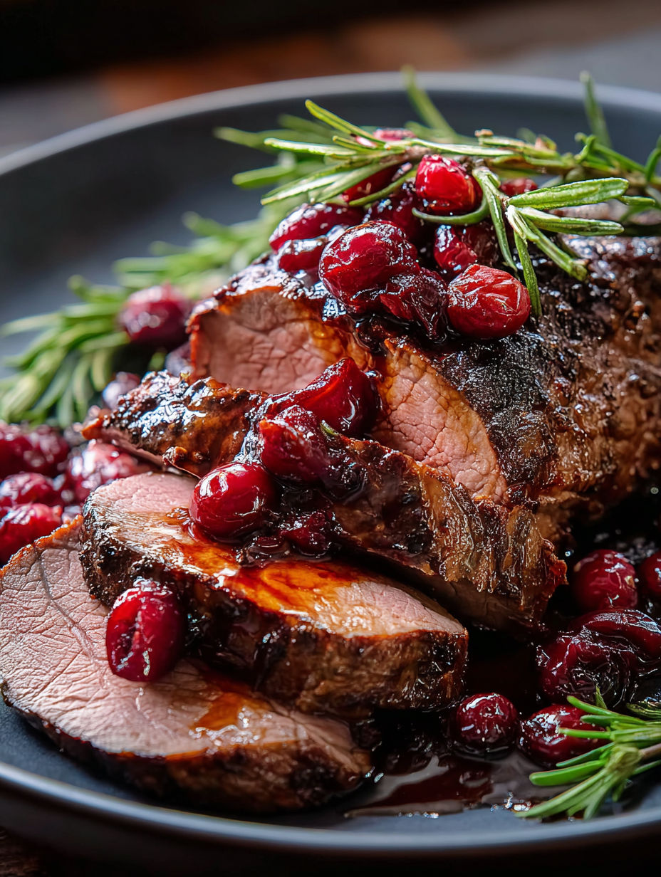 A roast beef with cranberry sauce and balsamic glaze.