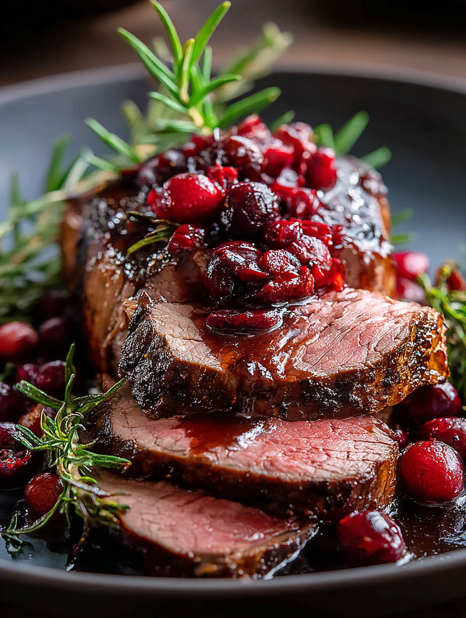 A plate of roast beef with cranberry balsamic sauce.