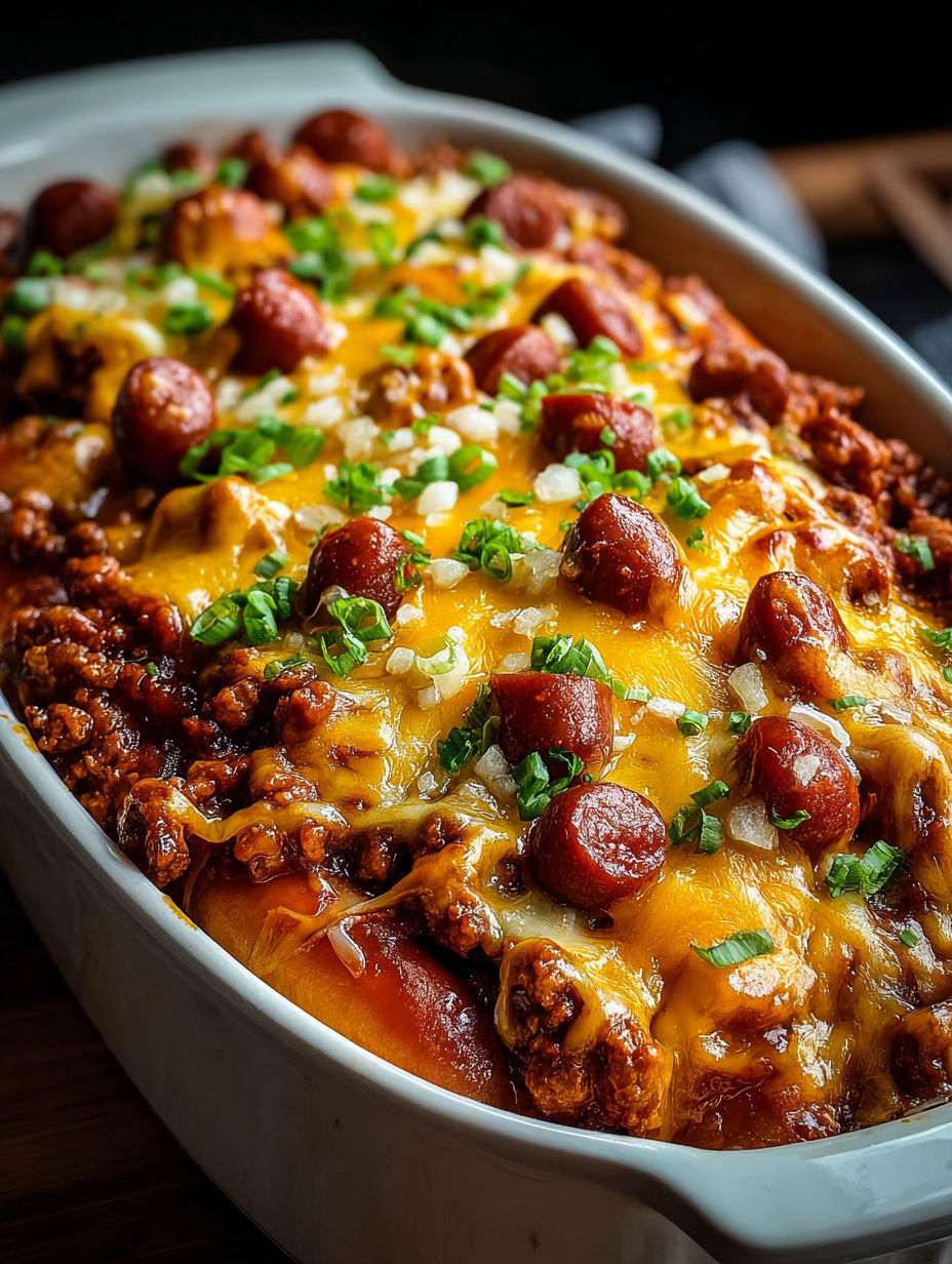 A bowl of chili cheese dog casserole.