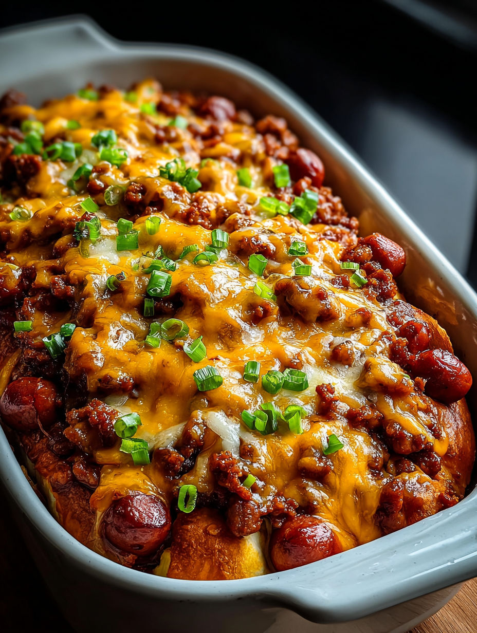 A dish of chili cheese dog casserole.