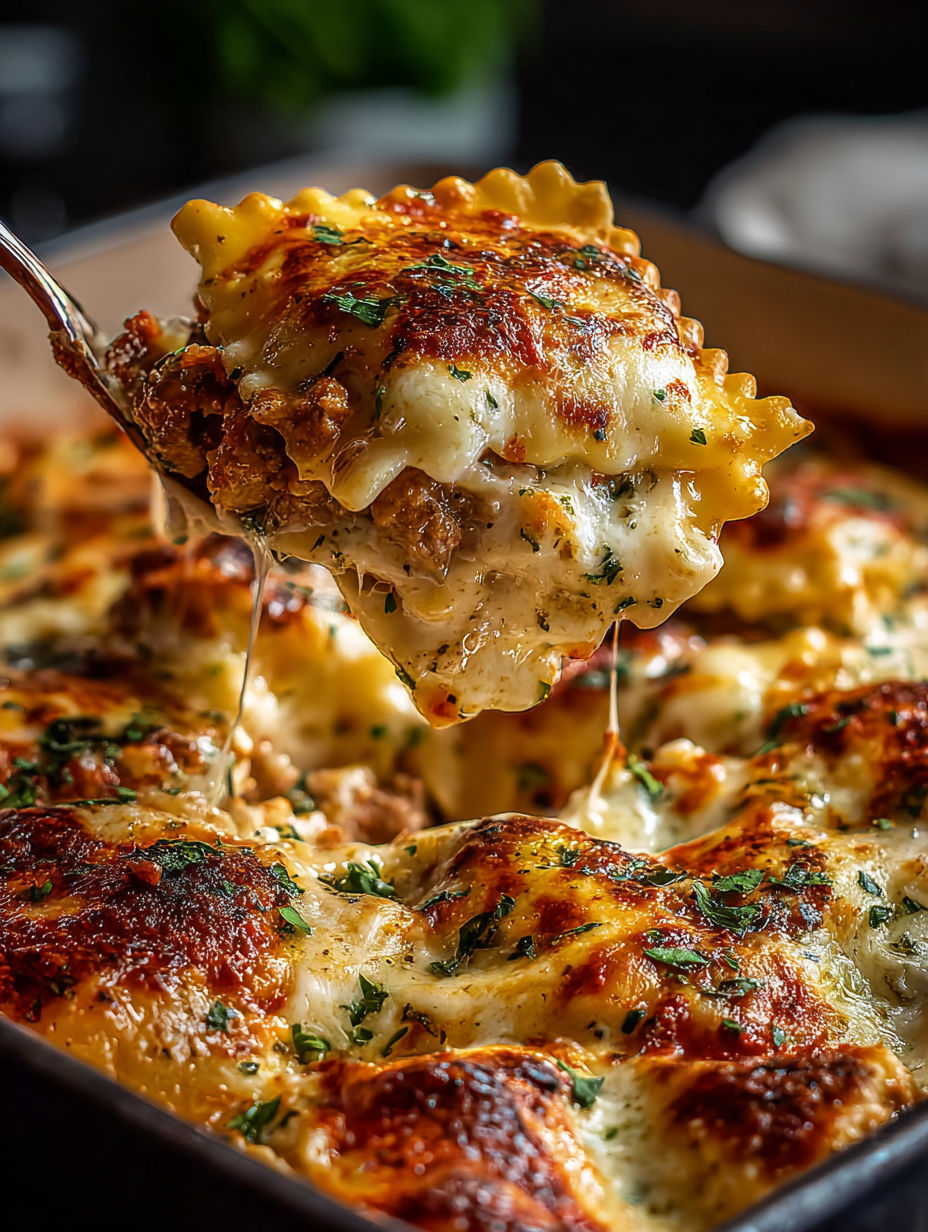 A spoon is in a casserole dish filled with pasta and meat.