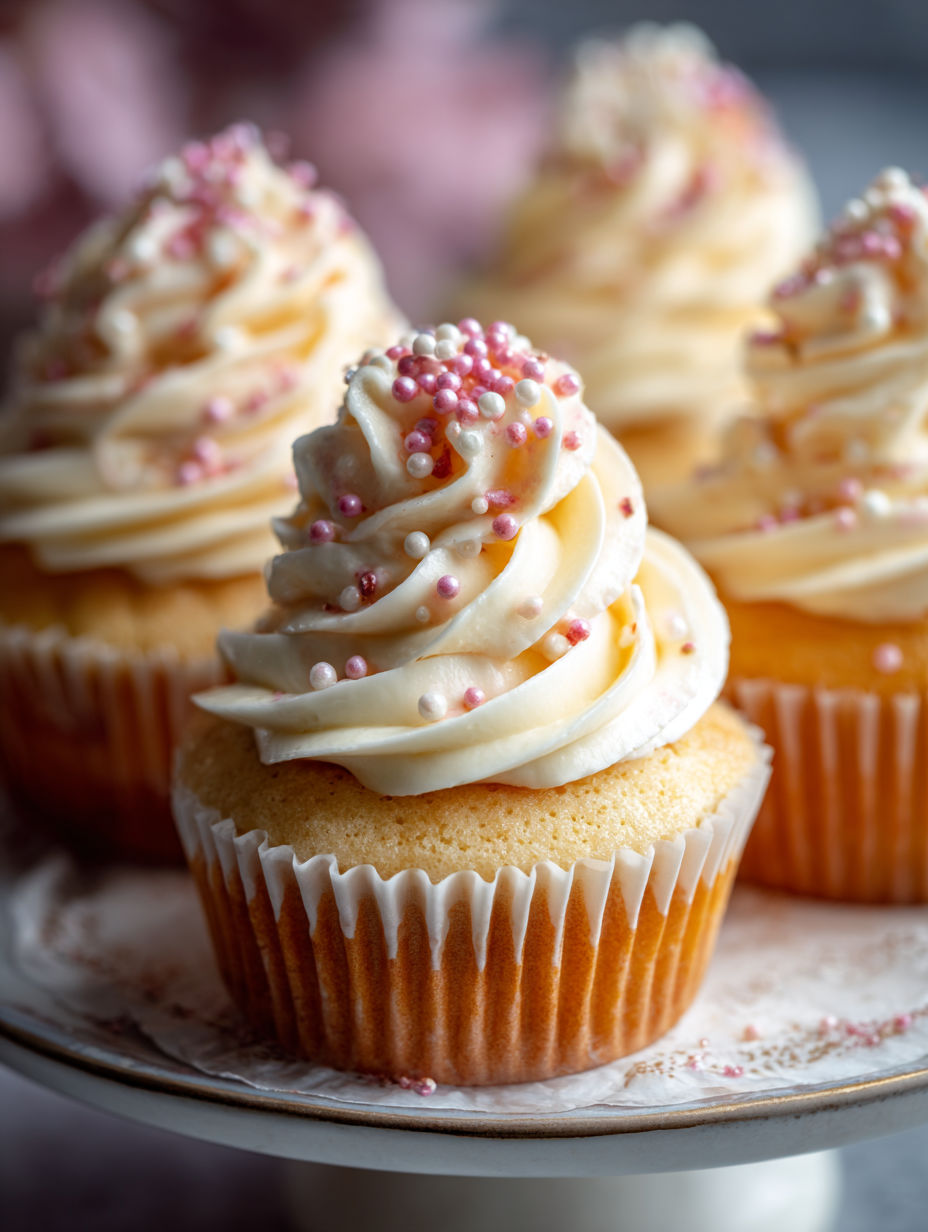 Three cupcakes with white frosting and pink sprinkles.