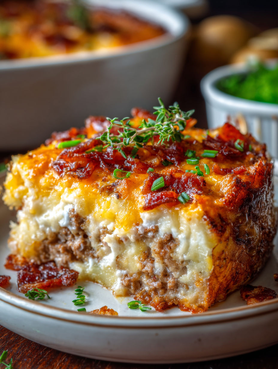 A loaded potato meatloaf casserole on a plate.