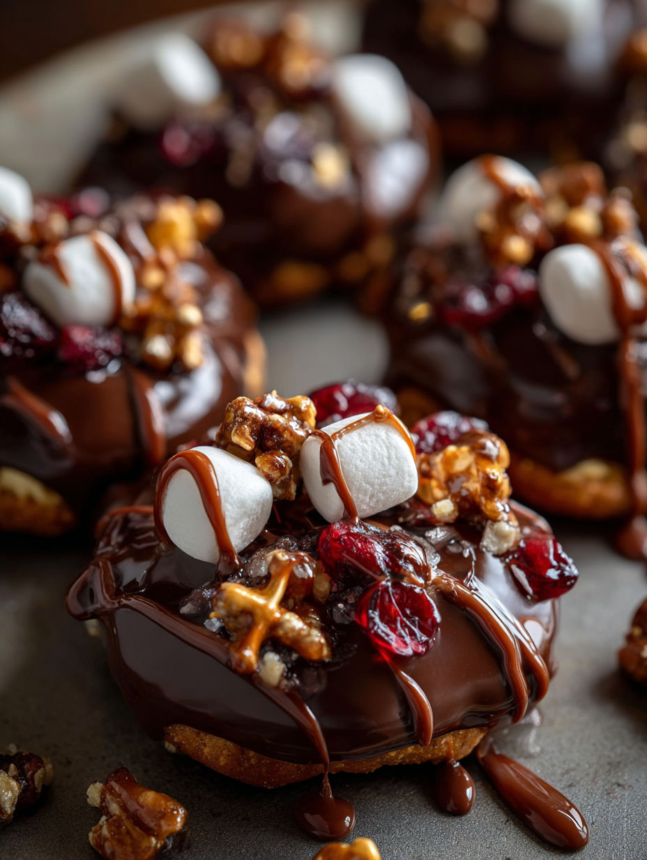 Chocolate covered marshmallows with nuts.