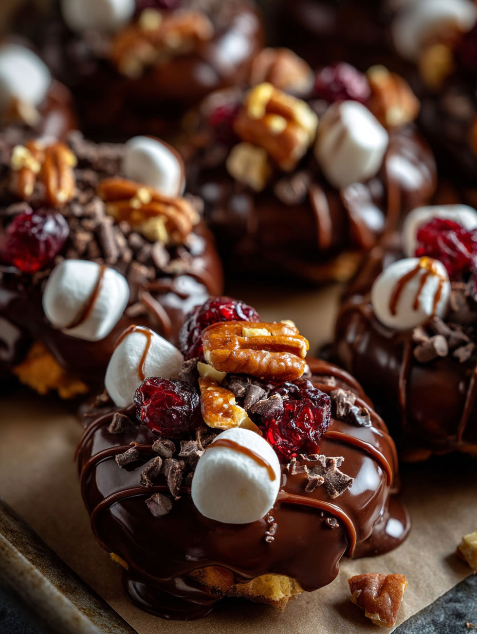 Chocolate donuts with marshmallows and nuts.