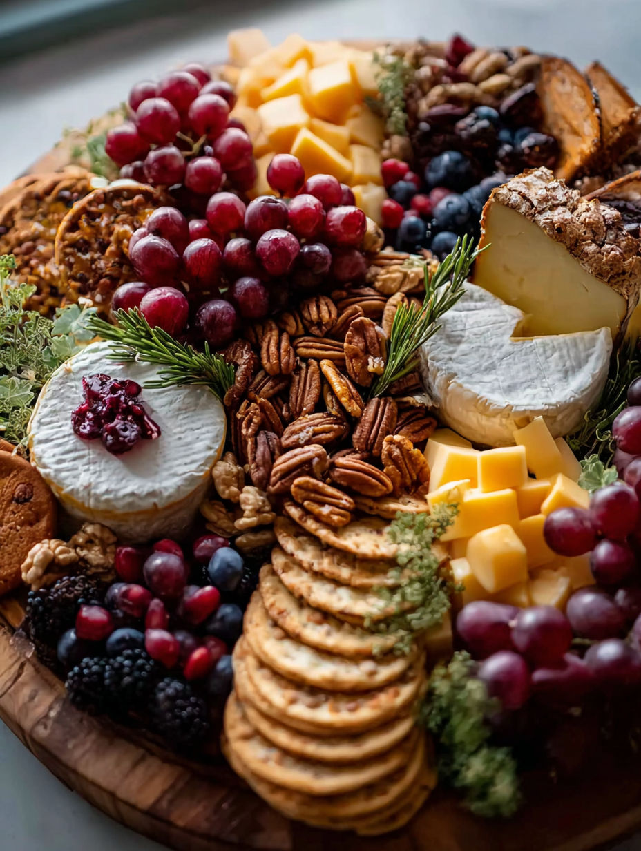 A cheese board with various types of cheese and crackers.