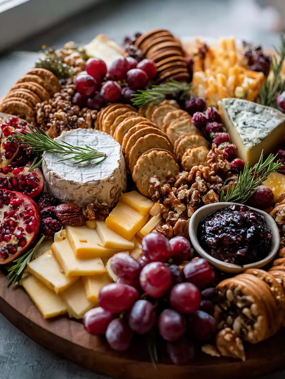 A cheese board with grapes and crackers.