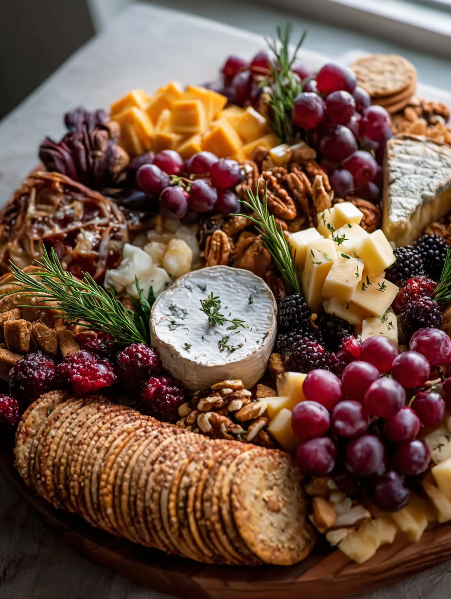 A cheese board with various cheeses and grapes.