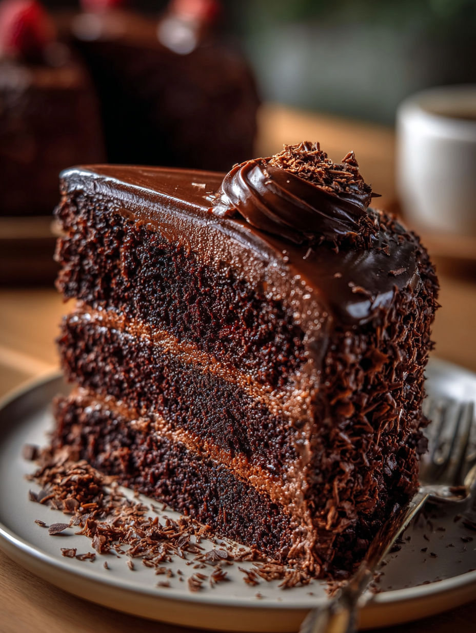 A slice of chocolate cake with chocolate frosting.
