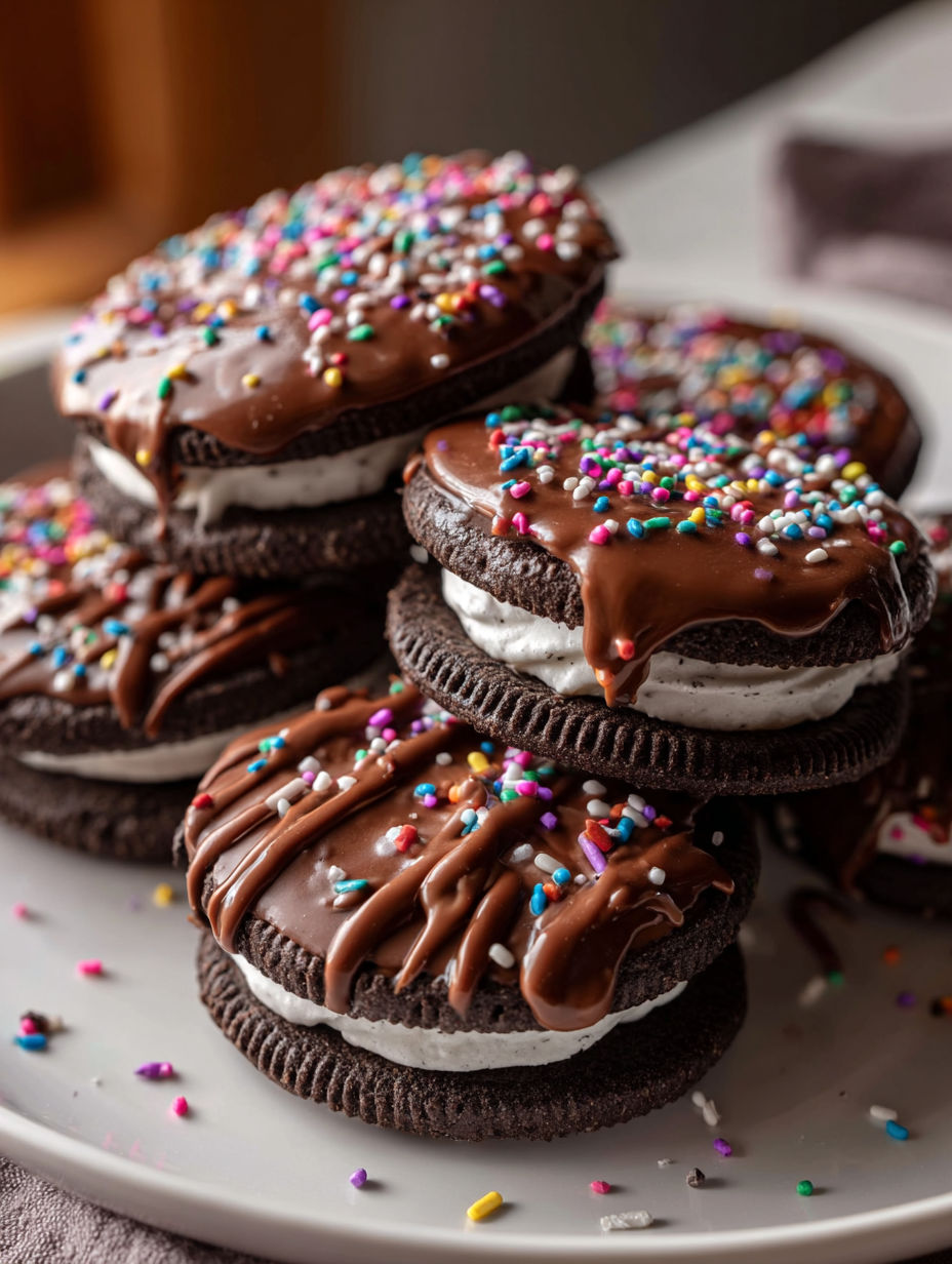 A plate of chocolate covered Oreos.