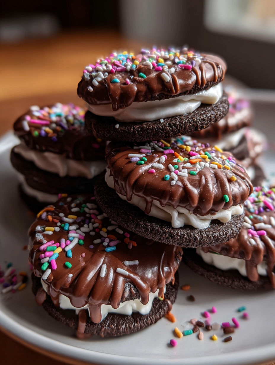 Chocolate covered Oreos stacked on a plate.