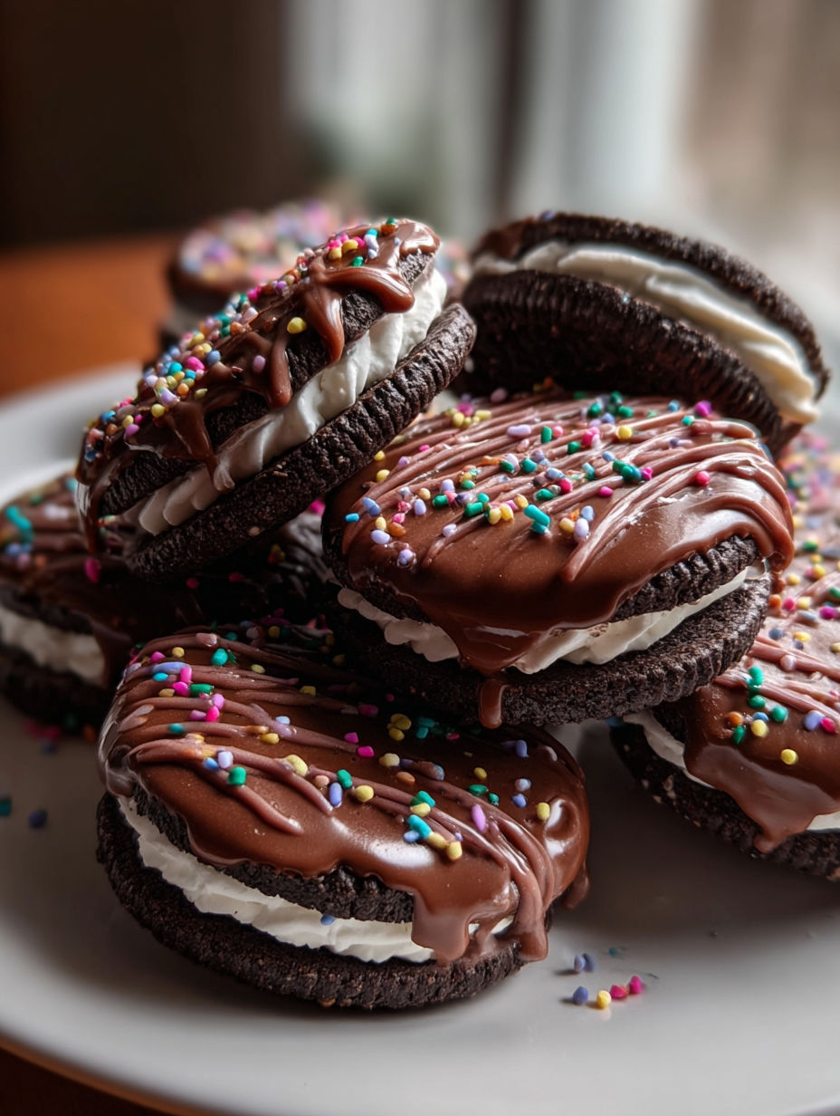 A plate of chocolate covered Oreos.