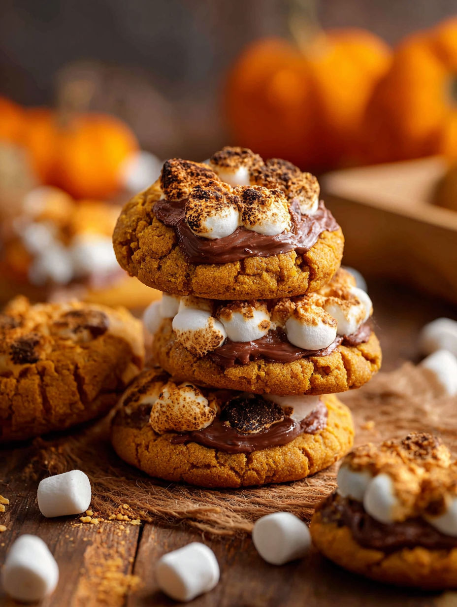 Pumpkin S'mores Cookies stacked on a table.