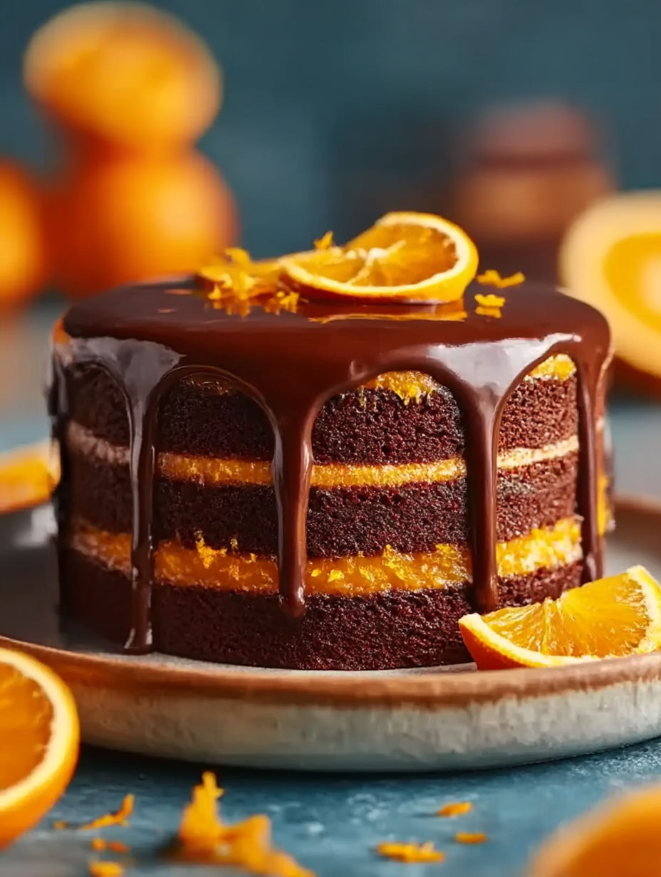 A chocolate orange layer cake with ganache.