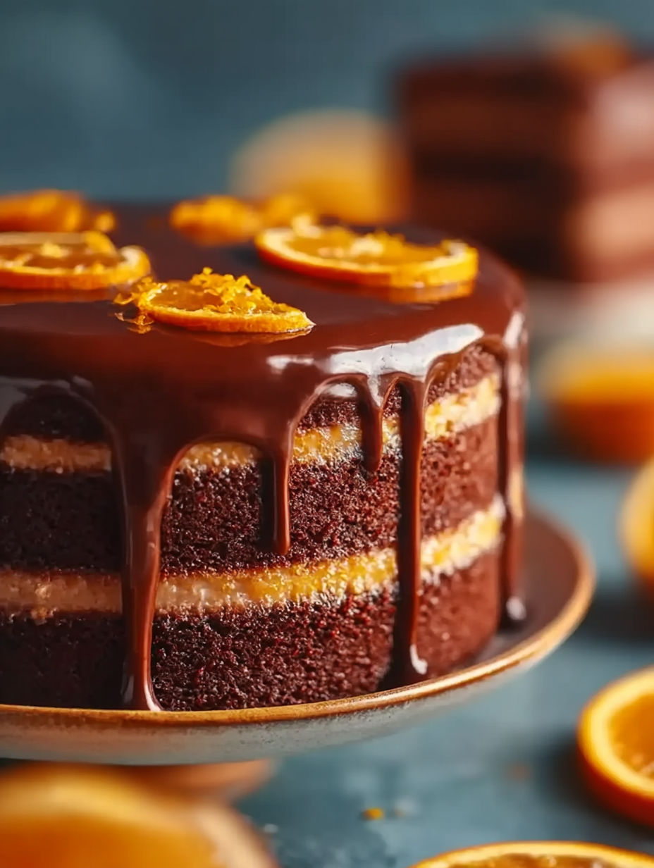 A chocolate orange layer cake with ganache.